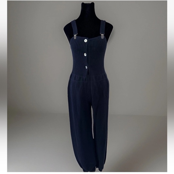 Brazeau Tricot Knit Overall Jumpsuit Sz S Made In USA Navy Blue Cotton Lux Boho - Picture 1 of 11